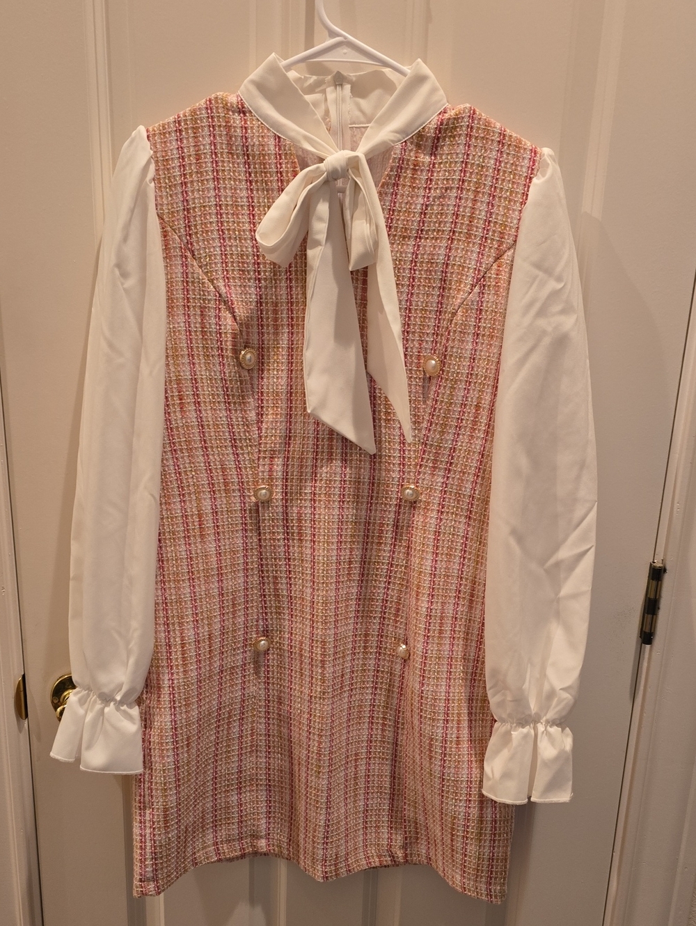 Womans Pink Tweed Dress with White Bow Collar